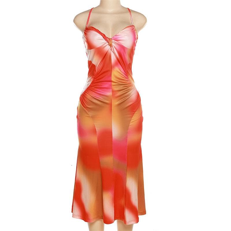 Spaghetti Strap Twist Neck Abstract Heat Map Print Mermaid Maxi Dress