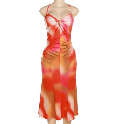 Spaghetti Strap Twist Neck Abstract Heat Map Print Mermaid Maxi Dress