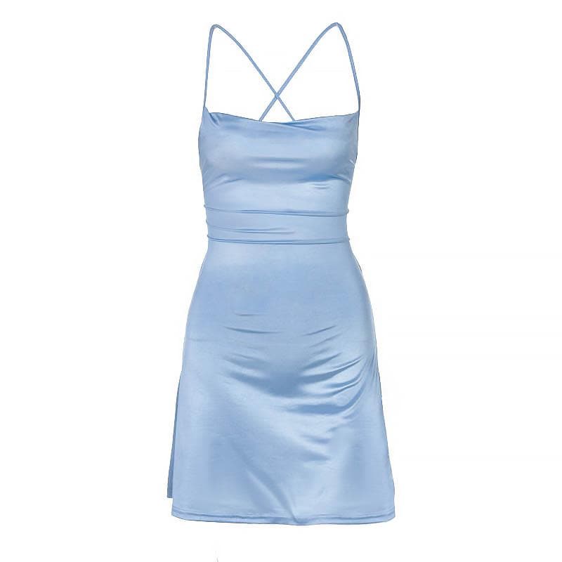 Satin Cowl Neck Cross Back Ruched Waist Bodycon Mini Dress
