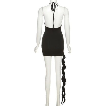 Halter Plunging V Neck Rhinestone Buckle Ruffle Detail Mini Dress