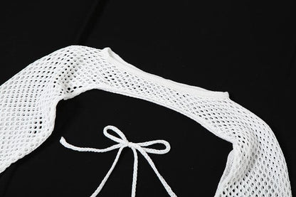 Fishnet Mesh Long Sleeve Shrug Halter Keyhole Mini Dress Set