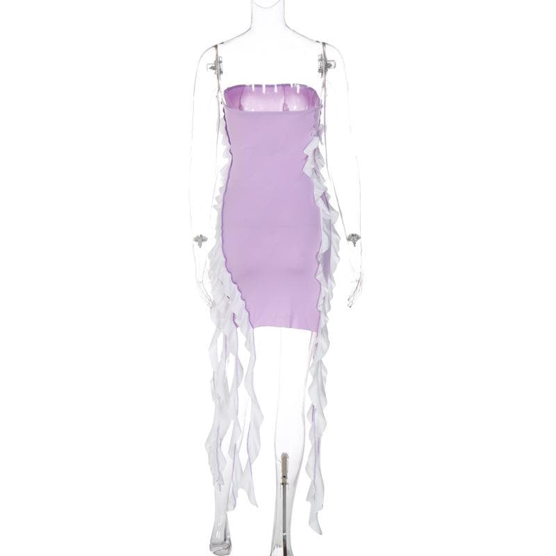 Strapless Contrast Ruffle Column Handkerchief Hem Tube Mini Dress