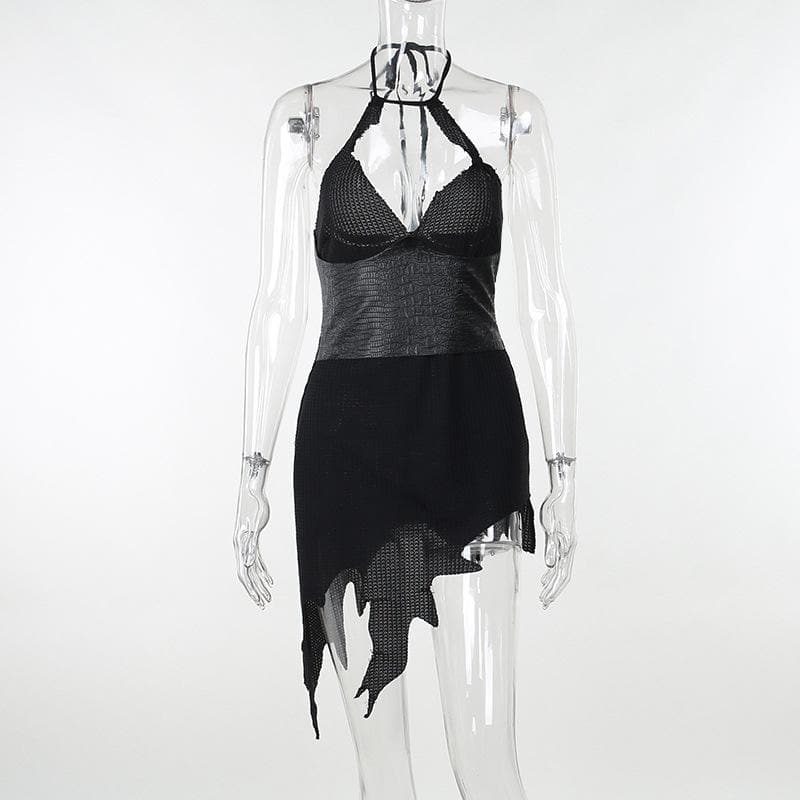 Halter Sweetheart Croc Embossed Corset Panel Shredded Hem Mini Dress