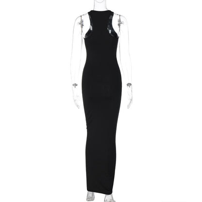 Rhinestone Contour Embellished Crew Neck Sleeveless Bodycon Maxi Dress