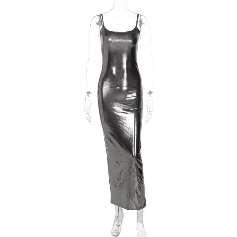 Metallic Scoop Neck Spaghetti Strap Backless Cami Maxi Dress