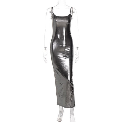 Metallic Scoop Neck Spaghetti Strap Backless Cami Maxi Dress