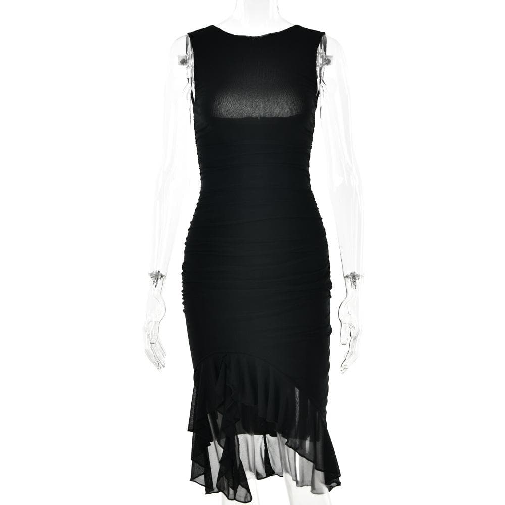 Ruched Sleeveless Ruffle Zip Up Backless Midi Dress