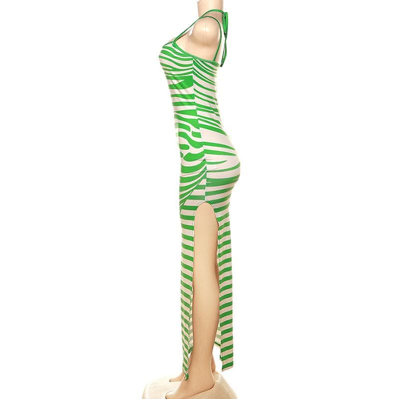 Striped Halter Tie Spaghetti Strap Bodycon Maxi Dress