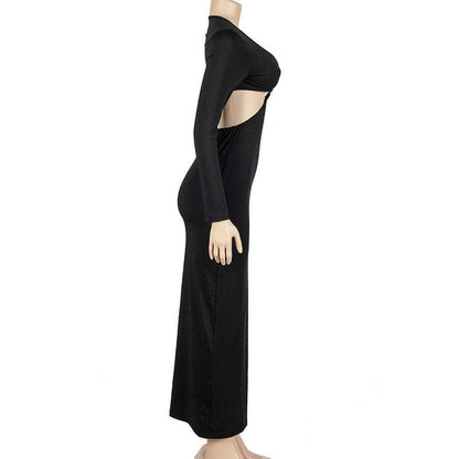 O-Ring Waist Cutout Deep V-Neck Long Sleeve Maxi Dress