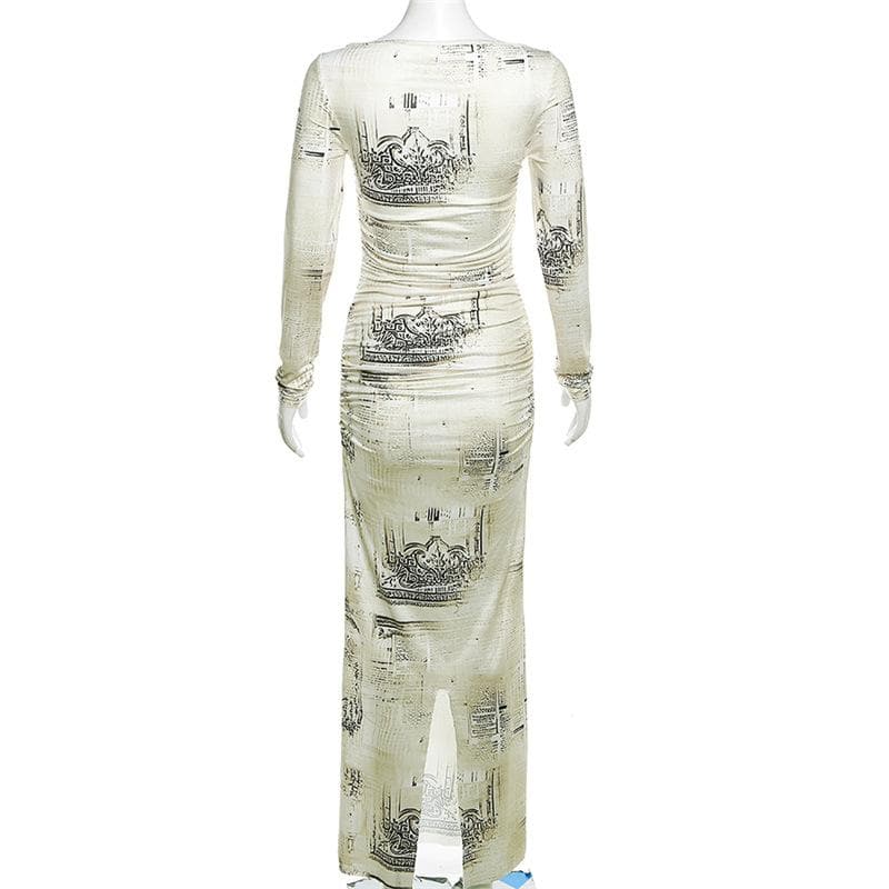 Crew Neck Long Sleeve Newspaper Print Ruched Side Bodycon Maxi Dress