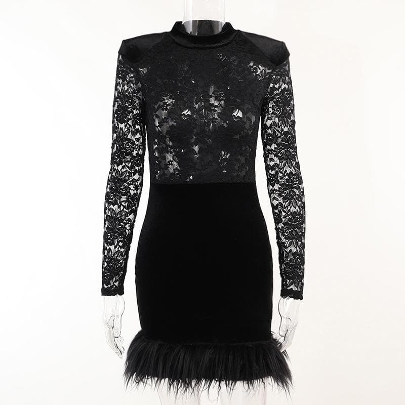 Mock Neck Floral Lace Long Sleeve Velvet Skirt Feather Trim Mini Dress