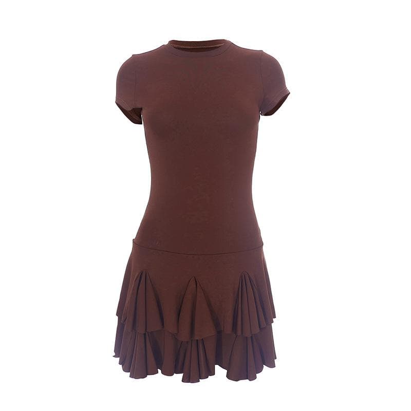 Crew Neck Drop Waist Pleated Tier Mini Dress