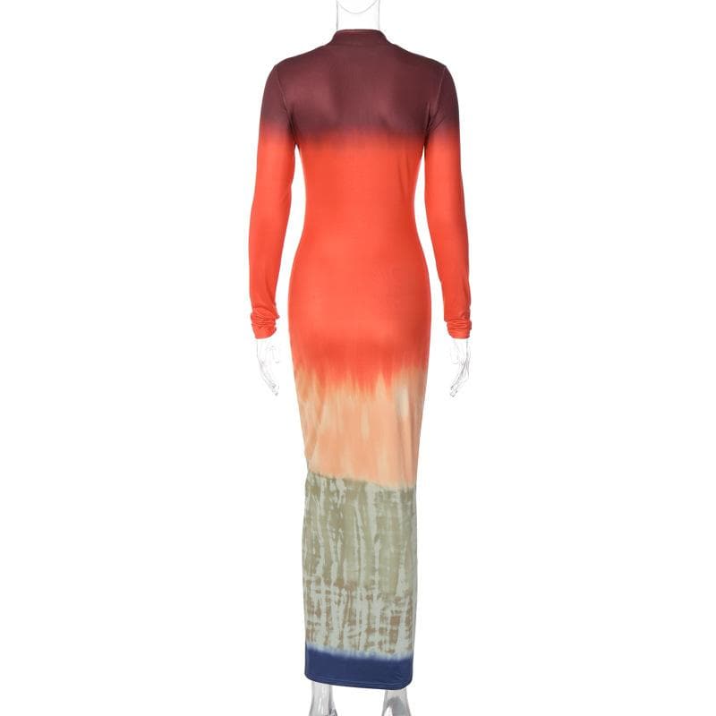Tie Dye Print Mock Neck Long Sleeve Bodycon Maxi Dress