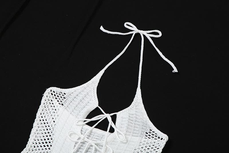 Fishnet Mesh Long Sleeve Shrug Halter Keyhole Mini Dress Set