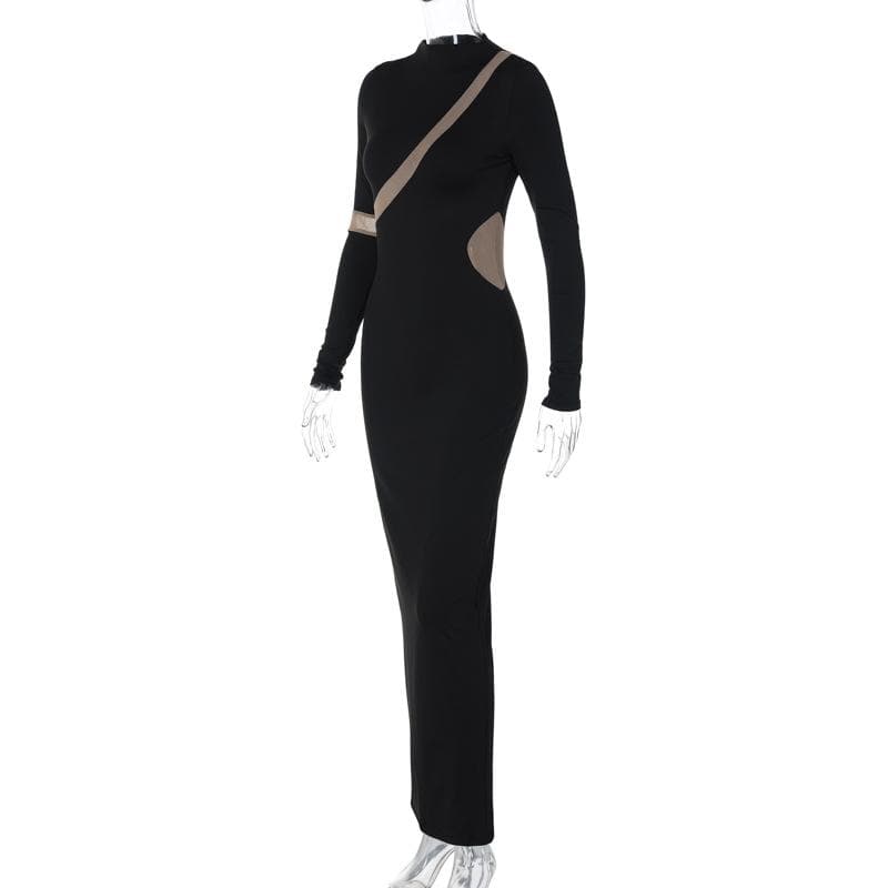 Mock Neck Long Sleeve Diagonal Mesh Panel Bodycon Maxi Dress