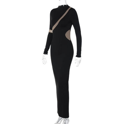 Mock Neck Long Sleeve Diagonal Mesh Panel Bodycon Maxi Dress