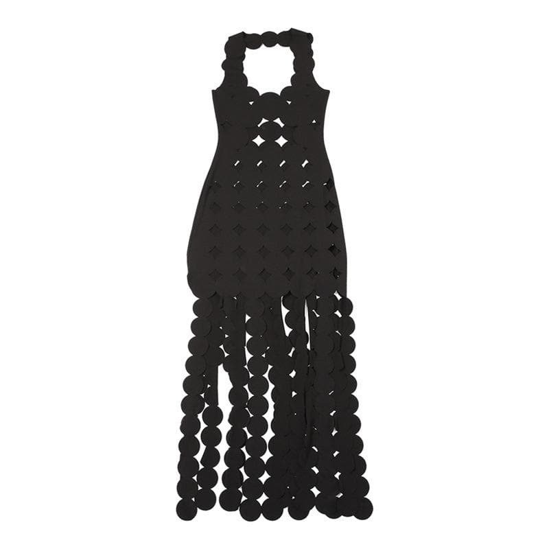 Scalloped Cutout Diamond Pattern High Slit Fringe Hem Sleeveless Maxi Dress