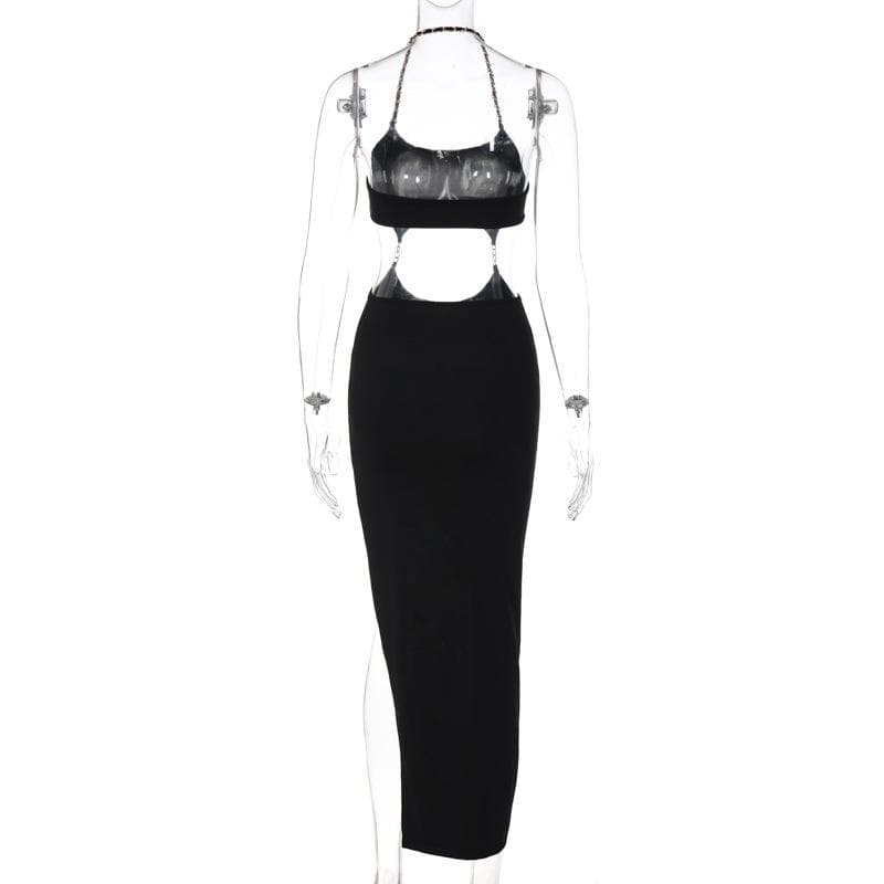 Chain Strap Halter Waist Cutout Ring Detail Slit Midi Dress