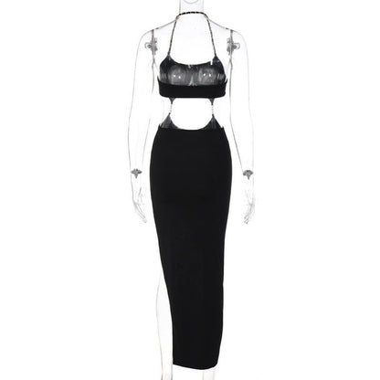 Chain Strap Halter Waist Cutout Ring Detail Slit Midi Dress