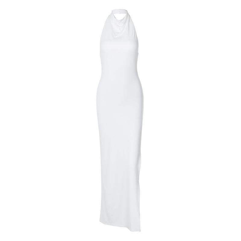 Cowl Neck Halter Sleeveless Side Slit Ruched Bodycon Maxi Dress