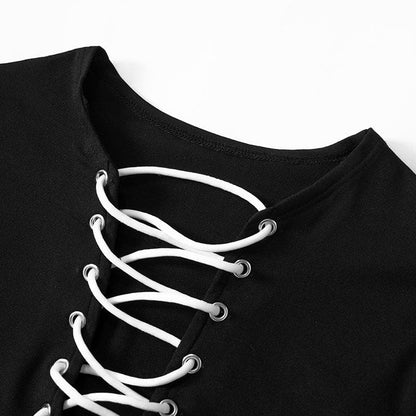 Crew Neck Lace-Up Contrast Panel Long Sleeve Mini Dress