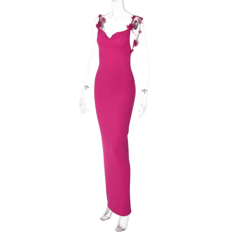 Spaghetti Strap Rosette Applique Open Back Bodycon Maxi Dress