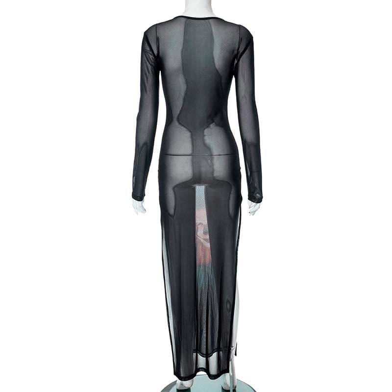 Pennywise Clown Graphic Print Sheer Mesh Long Sleeve Crew Neck Maxi Dress