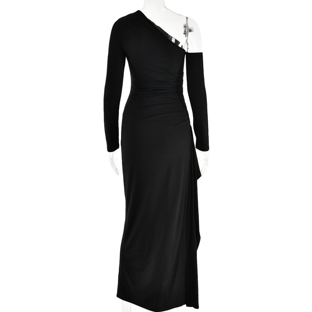 One Shoulder Ruched Detached Sleeve High Slit Bodycon Maxi Dress
