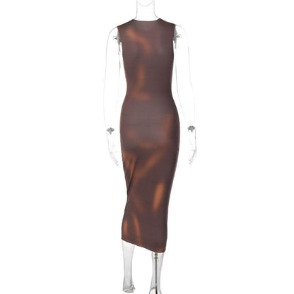 Sleeveless Crewneck Body Silhouette Floral Overlay Bodycon Maxi Dress