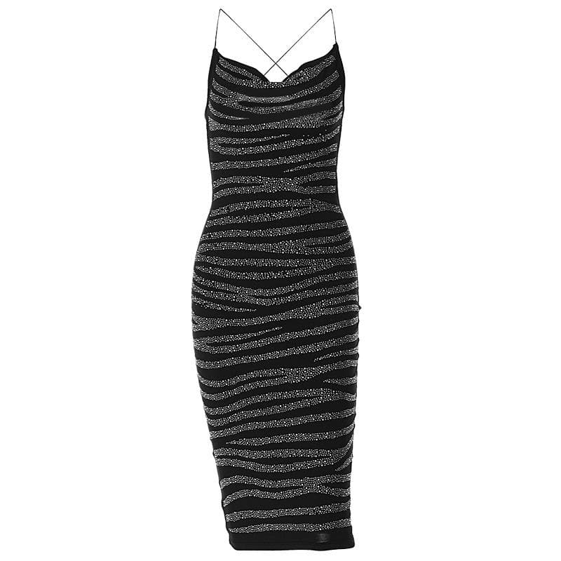 Zebra Print Cowl Neck Spaghetti Strap Bodycon Midi Dress