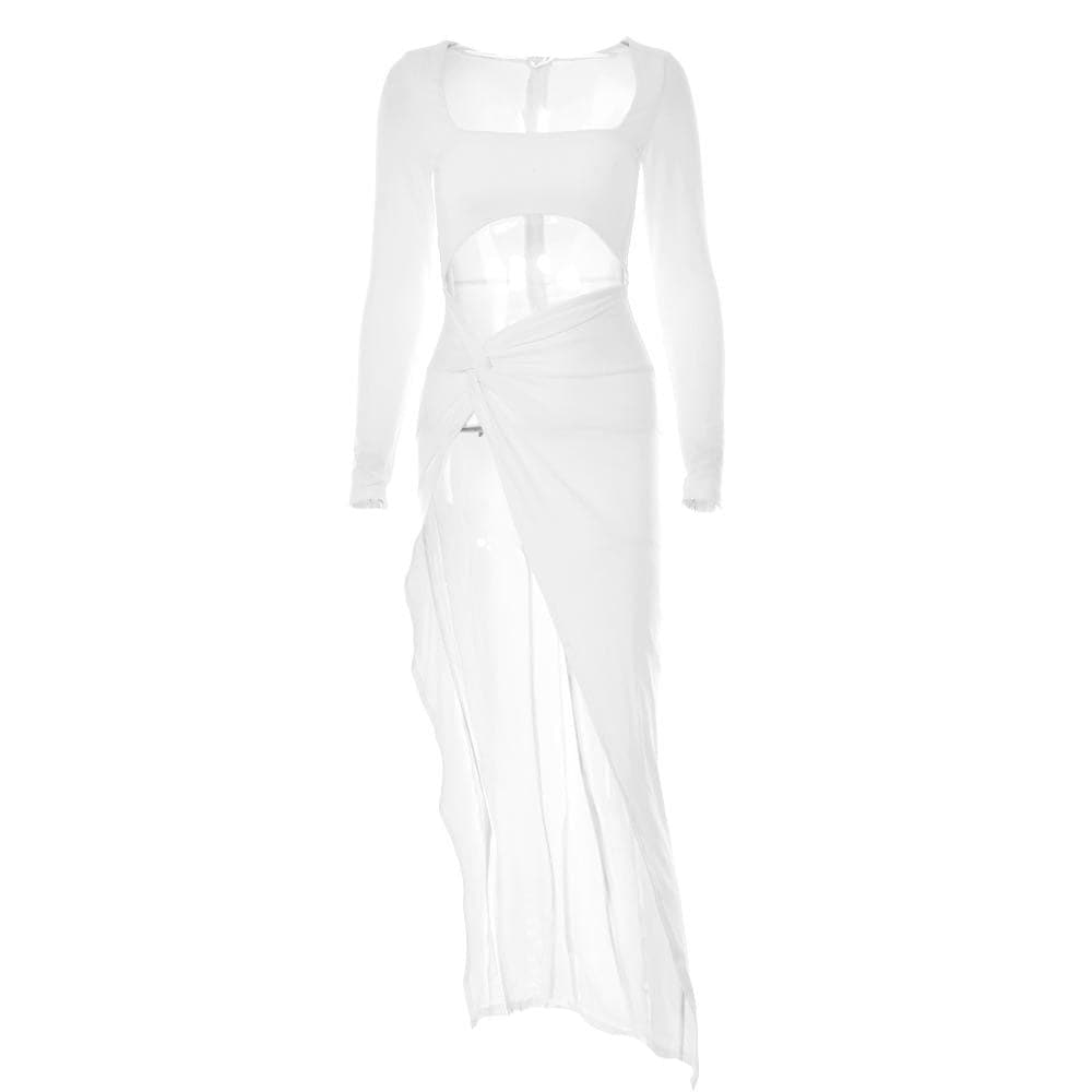 Square Neck Long Sleeve Diamond Cutout Ruched Waist Knotted Thigh Slit Midi Dress