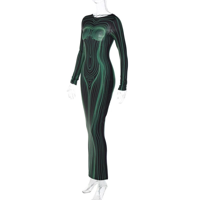 Body Contour Graphic Print Crew Neck Long Sleeve Maxi Dress