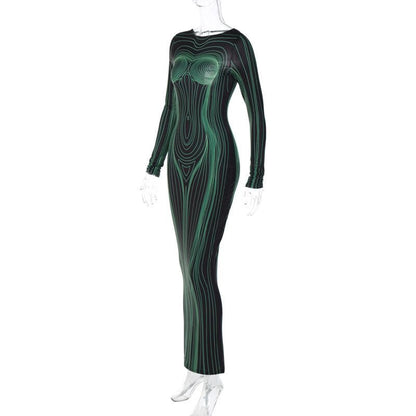 Body Contour Graphic Print Crew Neck Long Sleeve Maxi Dress