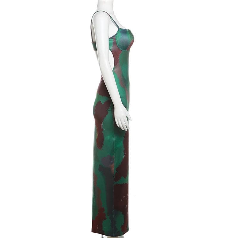 Sweetheart Spaghetti Strap Abstract Watercolor Print Bodycon Maxi Dress
