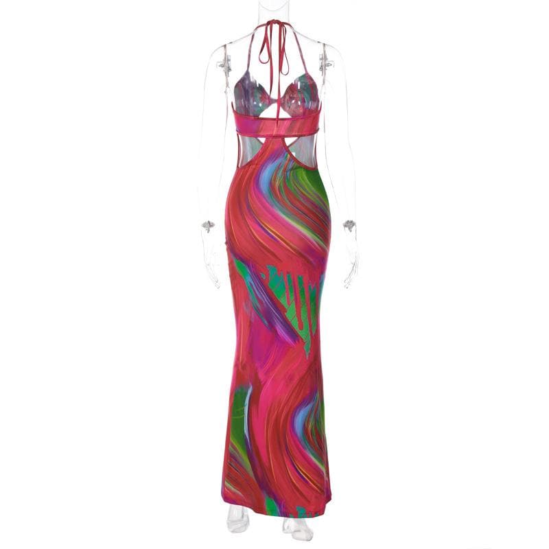 Halter Twist Front Bust Diamond Cutout Abstract Marble Print Maxi Dress