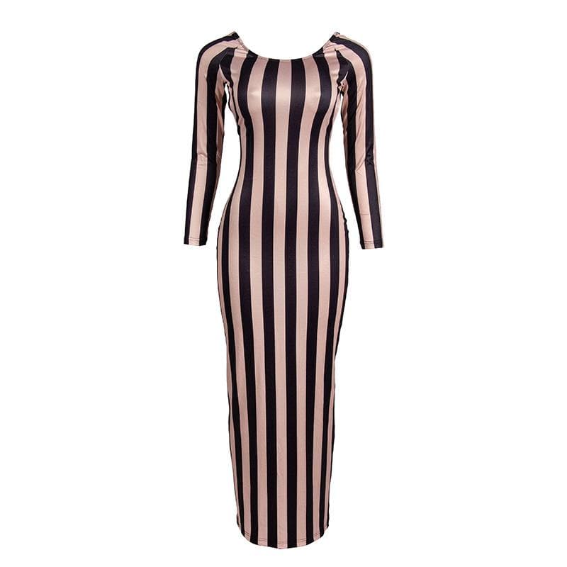 Vertical Stripe Long Sleeve Open Back Bodycon Maxi Dress