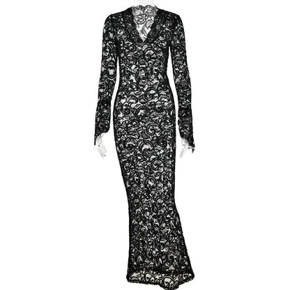 Lace V Neck Long Sleeve Sheer Flared Leg Jumpsuit
