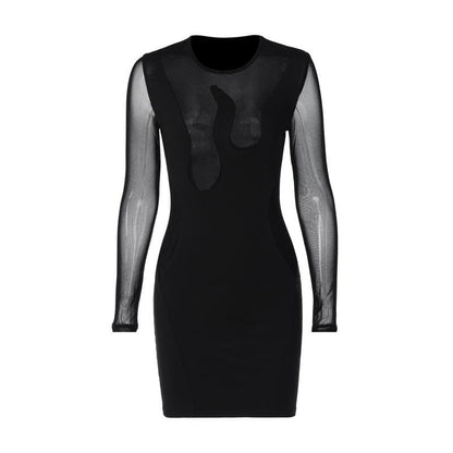 Mesh Long Sleeve Flame Panel Cut Out Bodycon Mini Dress