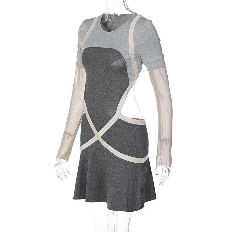 Mesh Long Sleeve Contrast Cross Front Hollow Out Mini Dress