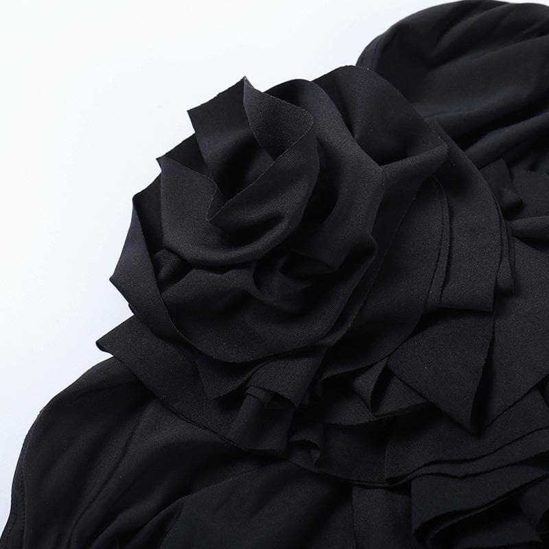 Strapless Rosette Applique Center Ruffle Column Ruched Mini Dress