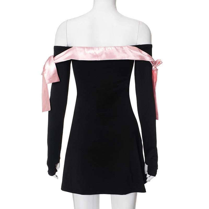 Off Shoulder Satin Ribbon Bow Thumbhole Long Sleeve Mini Dress