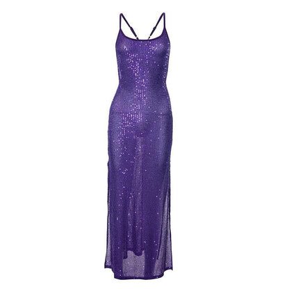 Sequin Spaghetti Strap Low Open Back Bodycon Maxi Dress
