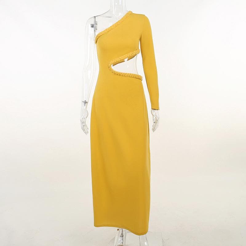 One Shoulder Long Sleeve Braided Trim Waist Cutout Midi Dress