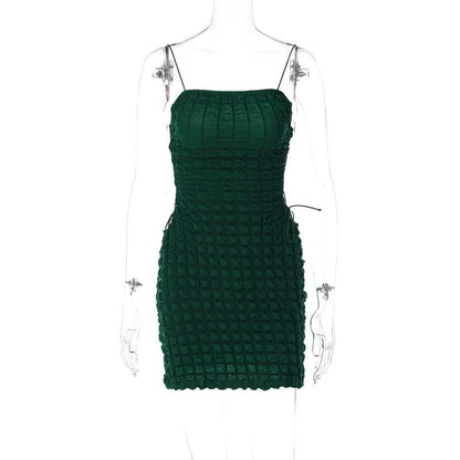 Waffle Texture Square Neck Side Lace Up Cut Out Spaghetti Strap Mini Dress