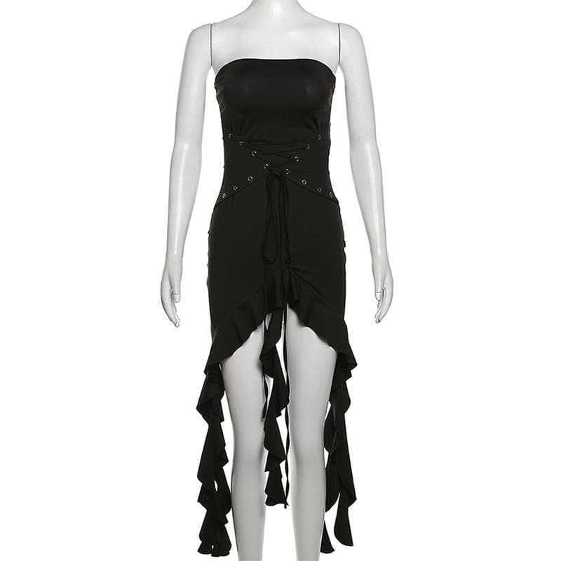 Strapless Lace Up Grommet Corset Ruffle High Low Hem Mini Dress