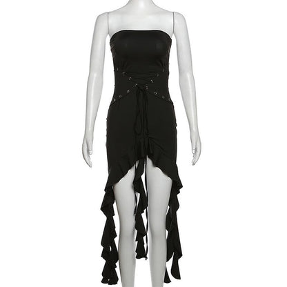 Strapless Lace Up Grommet Corset Ruffle High Low Hem Mini Dress