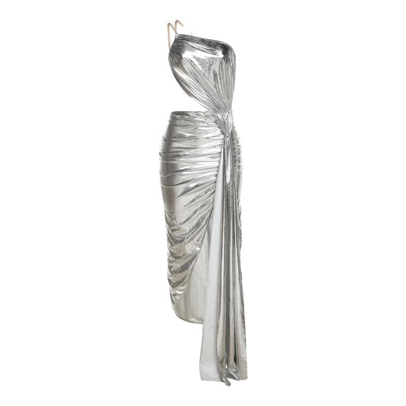 One Shoulder Metallic Ruched Side Cutout Draped Panel High Slit Maxi Dress
