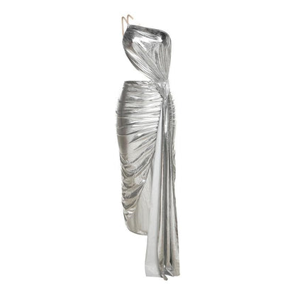 One Shoulder Metallic Ruched Side Cutout Draped Panel High Slit Maxi Dress