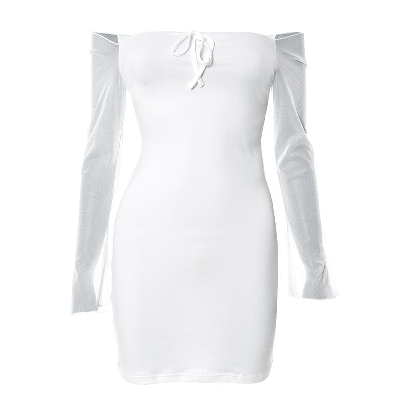 Off Shoulder Tie Front Keyhole Sheer Mesh Bell Sleeve Mini Dress