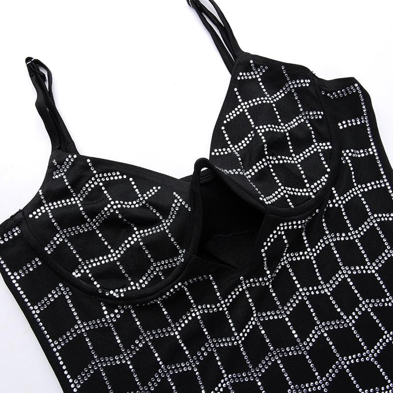 Rhinestone Grid Pattern Sweetheart Neck Cutout Bodycon Mini Dress